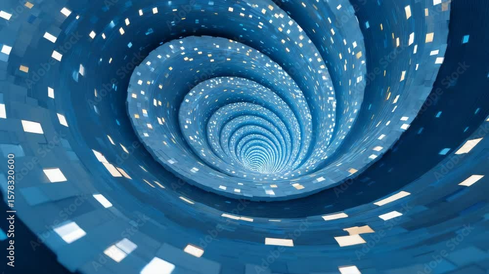 Poster abstract swirling tunnel of blue and white pixels creating a captivating visual pattern with glowing