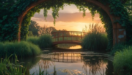Bridge Reflected in Water at Sunset with Archway and Lush Grass