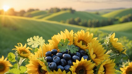 Sunflowers and Blueberries in Rolling Green Field at Sunset