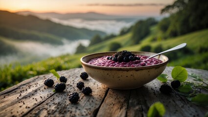 Berry Bowl on Wooden Table with Mountain View at Sunrise