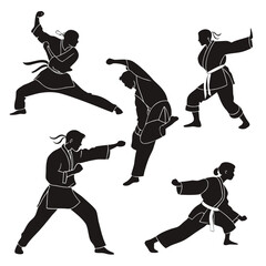 Five martial artists in black gi performing various stances