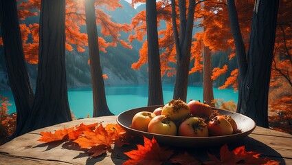 Apples on Table with Autumn Leaves by Lake with Trees