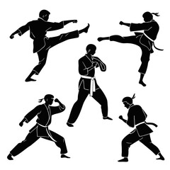 Five martial artists performing dynamic combat movements