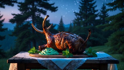 Roasted Meat with Mint Sauce on Table in Forest Night Scene
