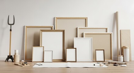 Art studio setup with blank canvases and framing tools on wooden floor