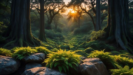 Walking Path Through a Lush Forest at Sunset with Light Rays