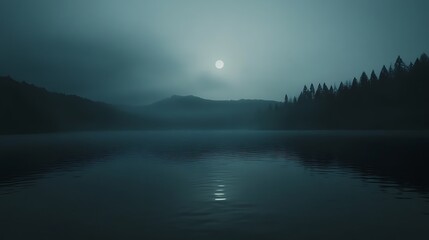 Misty lake under full moon