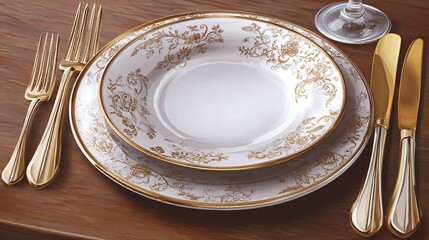 Elegant place setting features white china, gold flatware, and a wood table