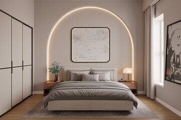 Modern bedroom with arched wall feature and ambient lighting above the bed