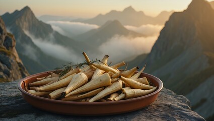 Parsnip Pile on Plate with Mountain View for Food Photography