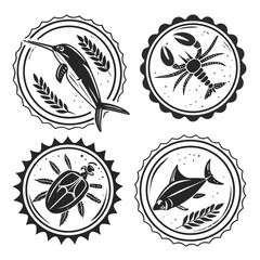 Fototapeta premium Four circular emblems with marine life and insects