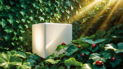 White Glowing Cube in Lush Green Garden with Ladybugs and Sunlight