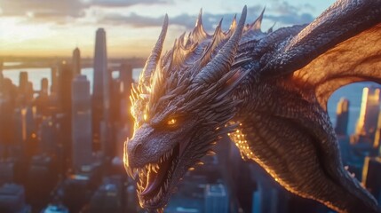 holographic dragon flying through city skyline