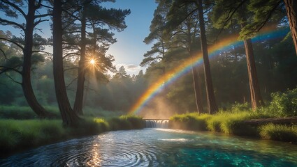 Rainbow Over Forest River with Sunlight and Waterfall Creating Serene Scene