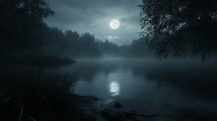 Misty lake under full moon