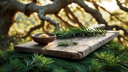 Bowl with Food and Rosemary on Wooden Board Outdoor Still Life