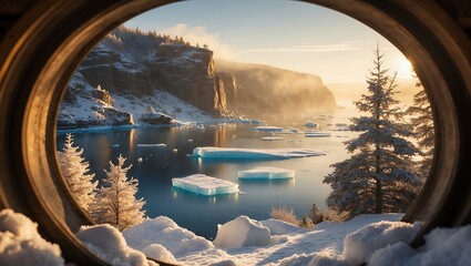 Frozen Landscape View Through Porthole with Ice Floes and Mist