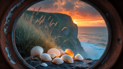 Seashells by the cliffside at sunset, viewed through circular opening