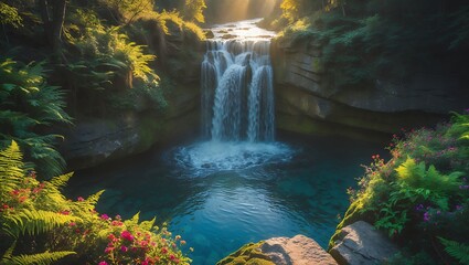 Cascading Waterfall Flows into Clear Pool Surrounded by Lush Greenery