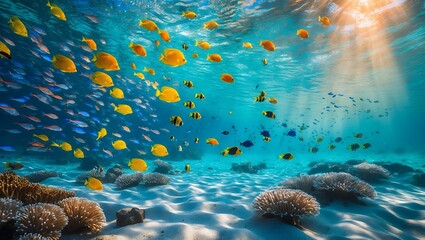 Swimming fish in blue ocean with sunlight shining on sandy floor