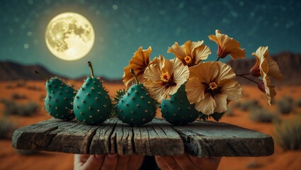 Cactus Fruit and Flowers on Wood at Night with Moon