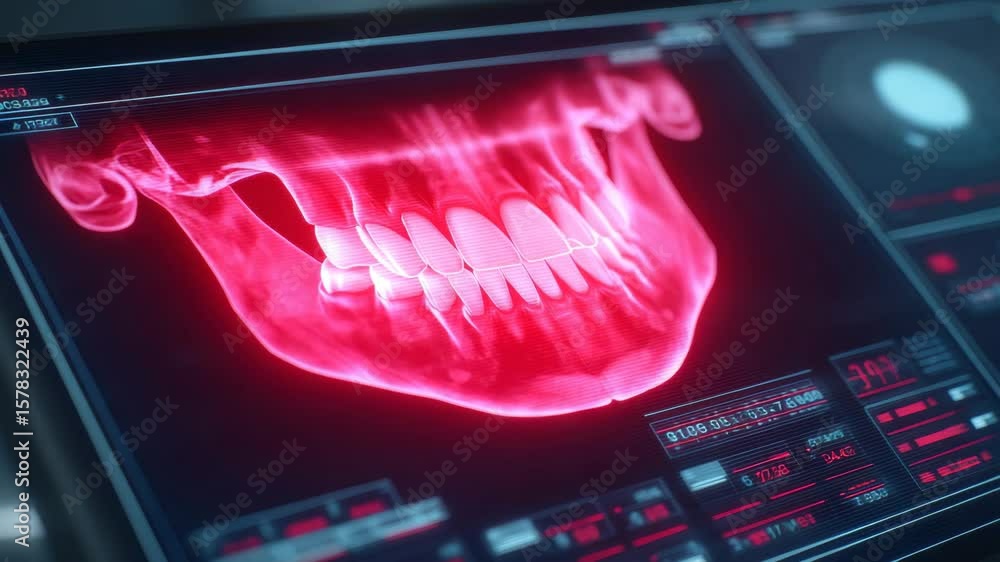 Aufkleber close-up of a colorful digital dental scan display with detailed teeth analysis and advanced interfa