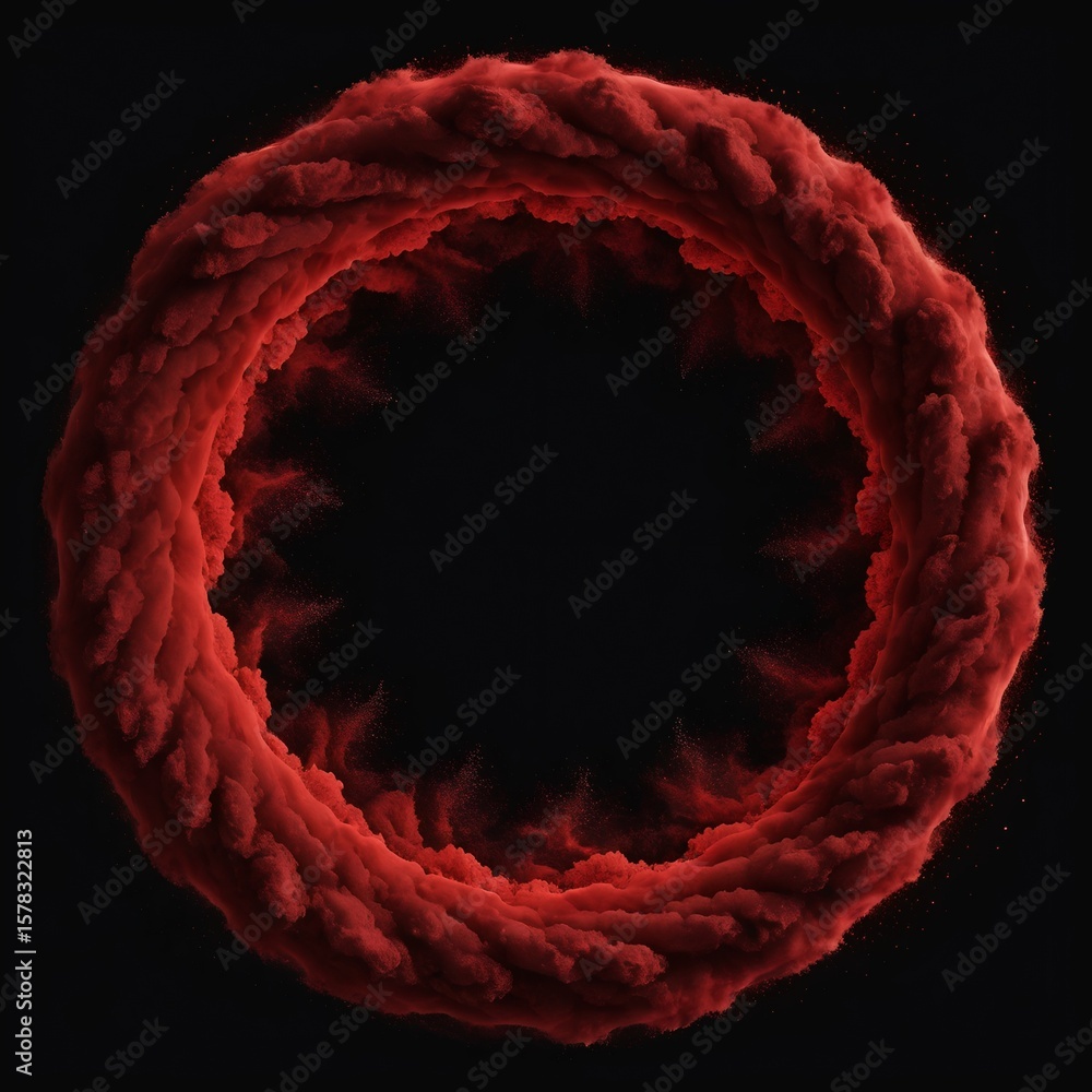 Poster crimson circle of particles swirls hypnotically against the deep black background with a dark mood.