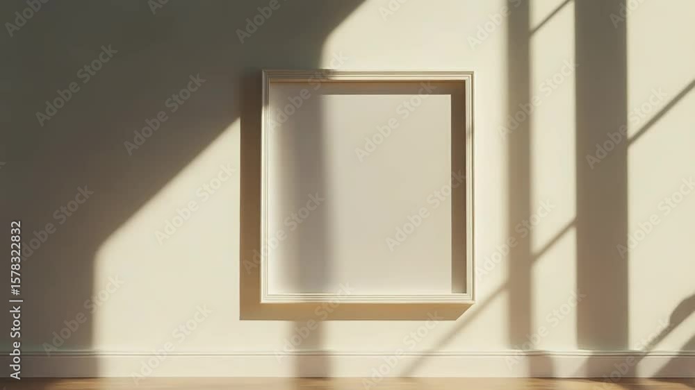 Poster empty frame mockup hanging on wall with window light shadows