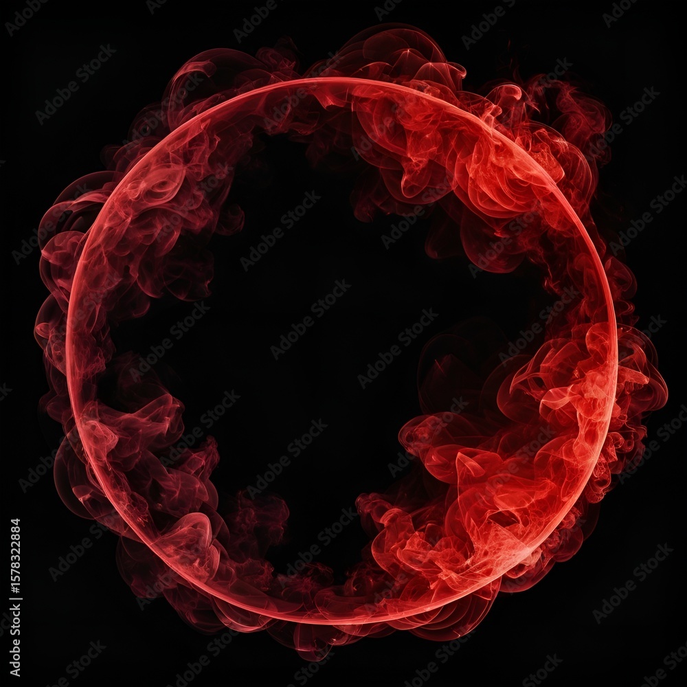 Poster abstract red smoke forms a circle, creating a striking visual against the dark background.