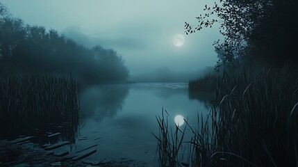 Misty moonlight lake landscape