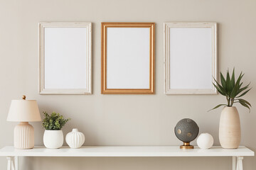 Three empty picture frames displayed on a wall above a white shelf with decor