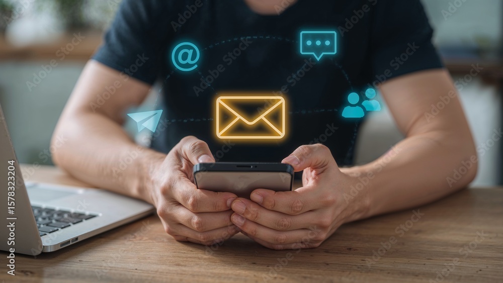 Poster man using smartphone, checking email and social media notifications. digital communication and conne