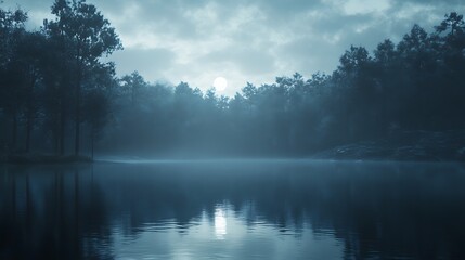 Misty moonlight lake scene