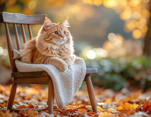 Orange Cat Relaxing on Chair with Autumn Blanket