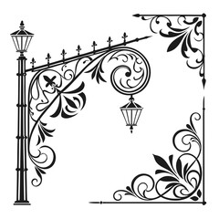 Ornate black corner designs with lampposts page decoration