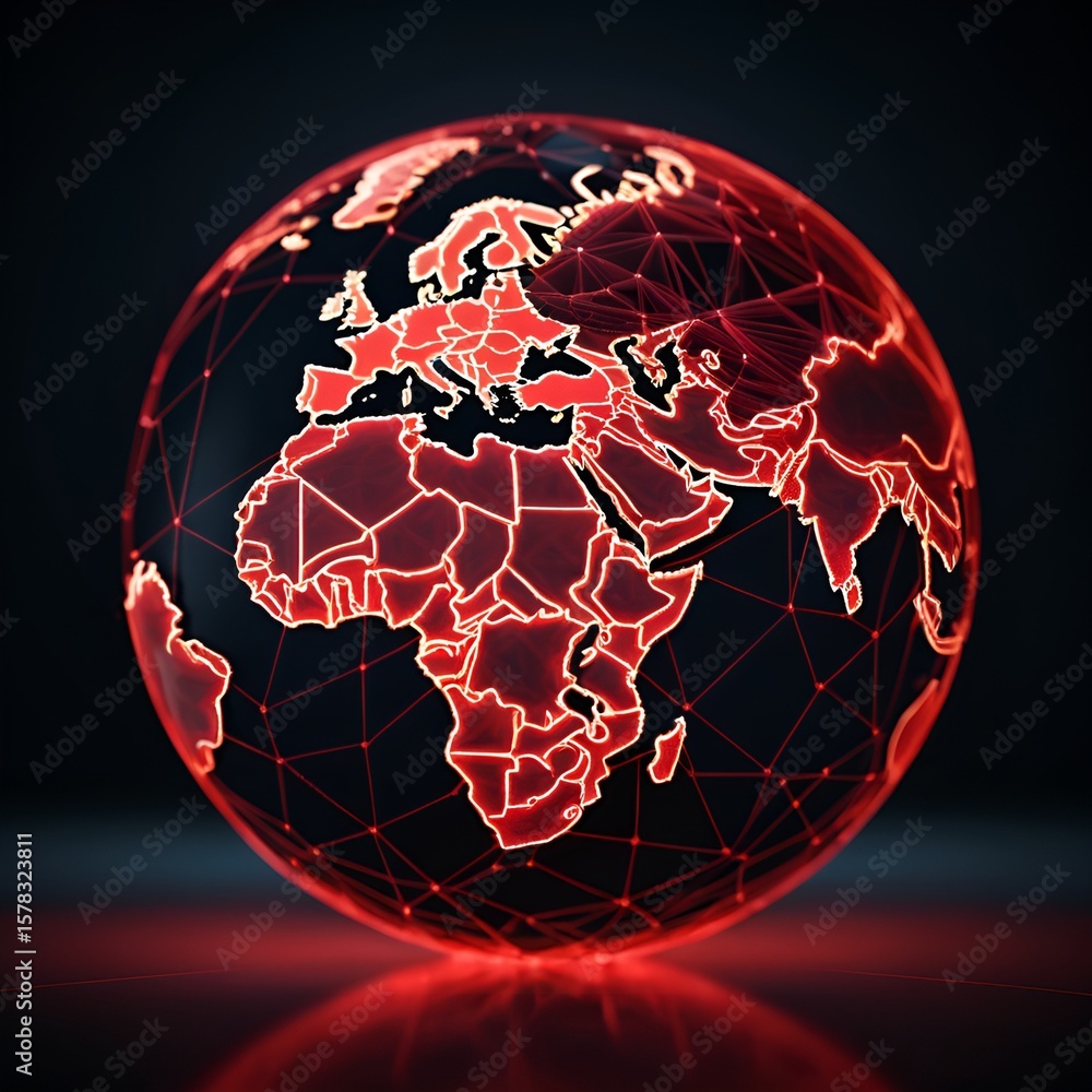 Poster a glowing red world globe showing continents outlined with a network of connected lines.
