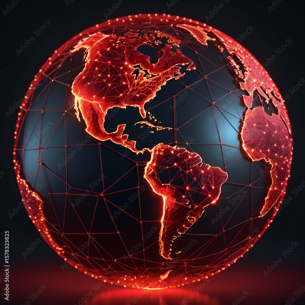 Poster futuristic world globe with glowing red continents displayed over a digital network design.