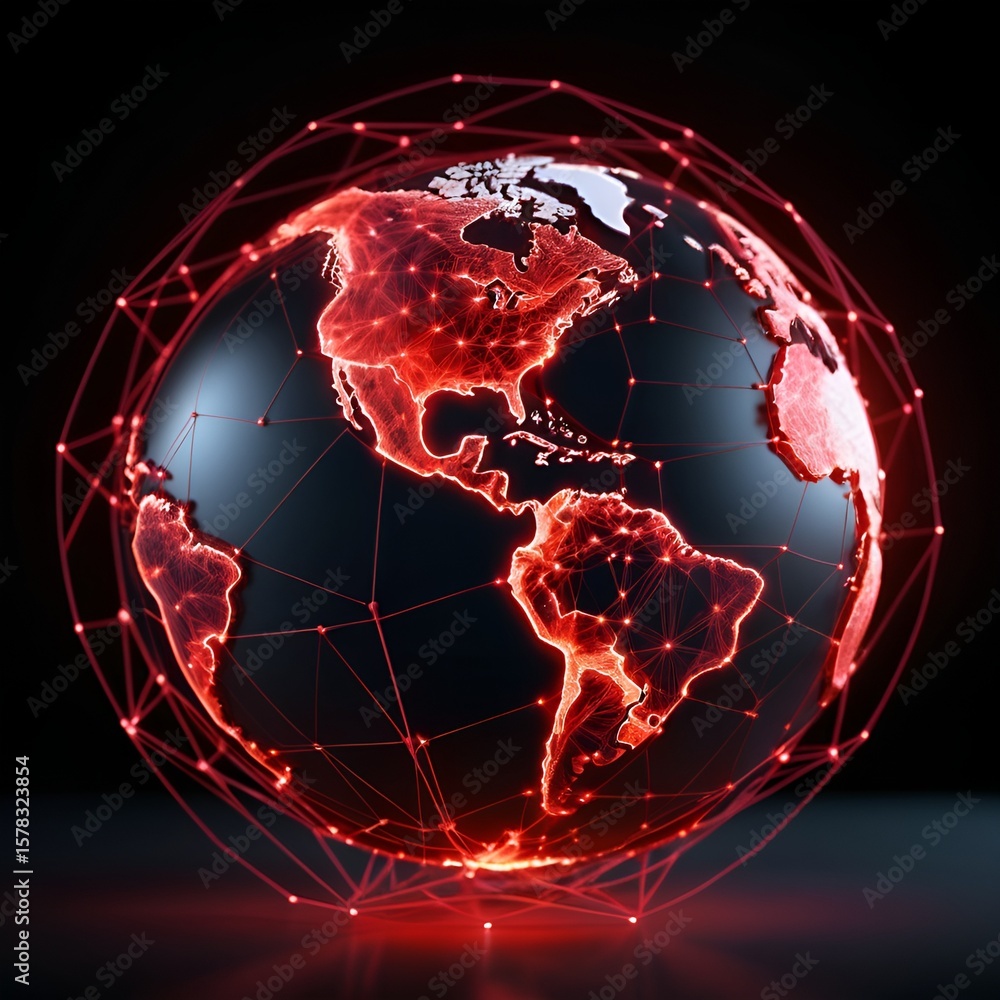 Poster futuristic world globe is illuminated with red lines and nodes in a dark virtual space.
