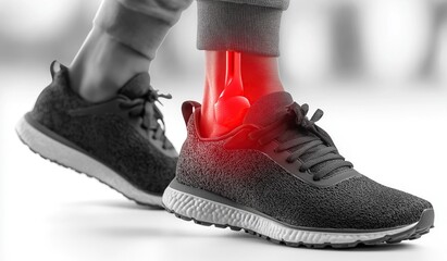 Close-up vector illustration of an athlete's ankle with red glowing pain effect, wearing black running shoes on grey background, highlighting sports injury concept for web banner or print advertising