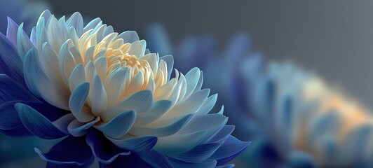 A delicate blue and white chrysanthemum flower with gradient petals showcasing intricate details and soft lighting, ideal for serene or luxurious design projects