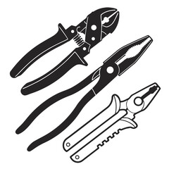 Pliers and wire cutters silhouettes tools black and white