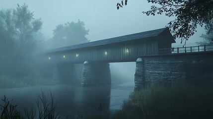 Misty morning bridge landscape