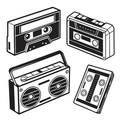 Retro cassette tapes and boombox music player audio
