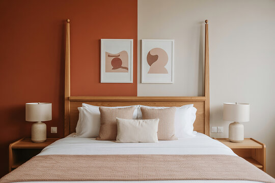 Modern bedroom with a four poster bed and abstract art on a split color wall - Powered by Adobe