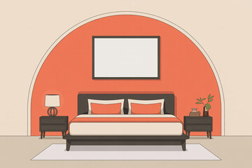 Modern bedroom interior with orange accent wall and minimalist furniture