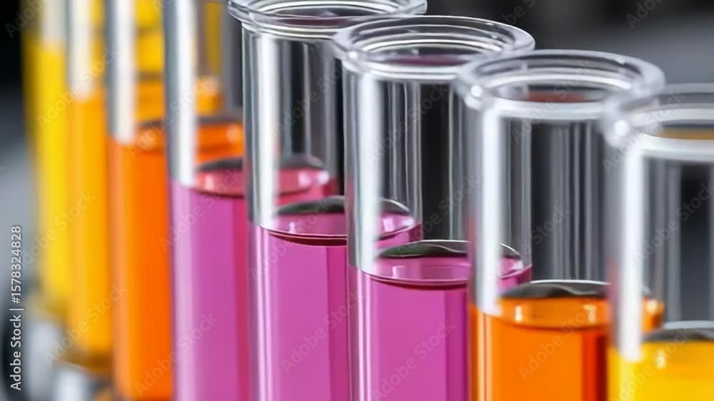 Poster close-up view of colorful liquids in test tubes in a scientific laboratory setting