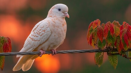 Fluffy White Bird Perched on Wire at Sunrise in Nature Photography