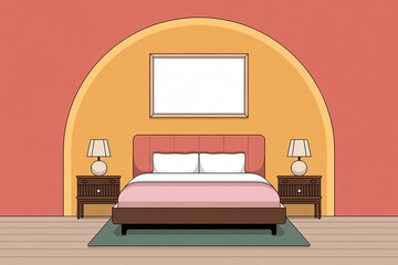 Cozy bedroom interior with a bed nightstands lamps and a picture frame