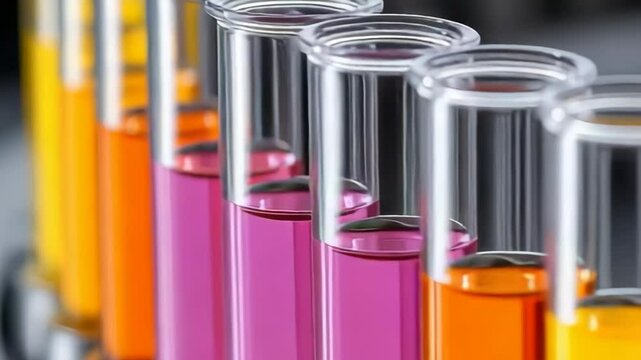 Close-Up View of Colorful Liquids in Test Tubes in a Scientific Laboratory Setting