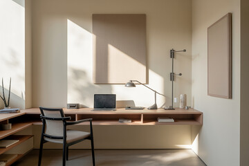 Modern minimalist home office with a wooden desk laptop and chair bathed in natural light